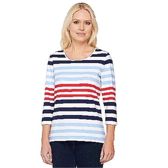 Denim & Co Womens 3X Perfect Jersey Top Pink Stripe Color Block Scoop Neck NWT - Picture 2 of 5